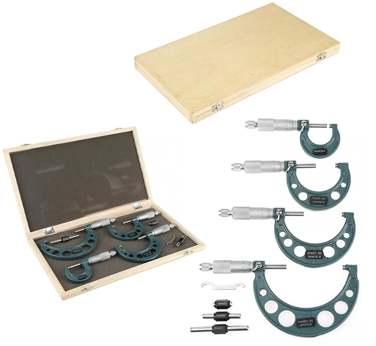 Buitenschroefmaat Set Micrometer Diktemeter met 0-100mm Meetbereik en 0.01mm Precisie - Zilver