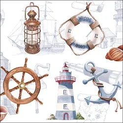 Ambiente 20 Servietten Papier 33x33cm 3-lagig - maritime Einweg Papierservietten Sommerdeko Leuchtturm Anker Küste Steuerrad BBQ Hochzeit Grillfest Meer
