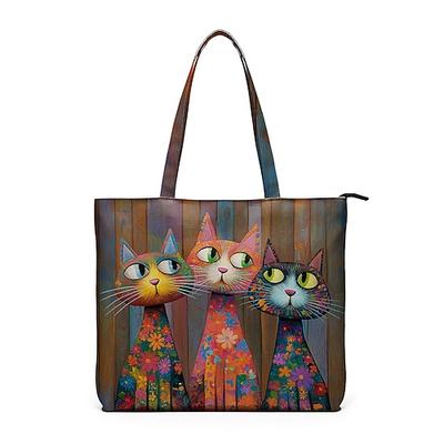 Polyester-Tragetasche für Damen, großes Fassungsvermögen mit Reißverschluss, verschiedene Katzenmotive, perfekt für Urlaub, Shopping und den Alltag.