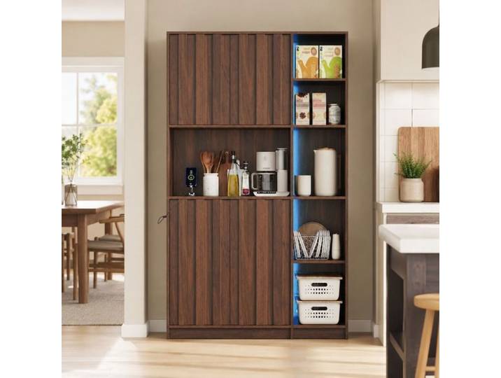Buffet Haute 180cm Vaisselier Cuisine Haute Armoire de Rangement avec 4 portes et Plan de Travail 105x40x180cm Noyer