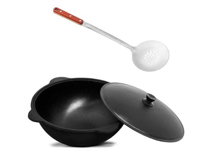 4BIG.fun Wok Gusseisen 22 L Kazan mit Schaumkelle NAMANGAN Uzbek Kasan Uzbekisch Asia WOK Cast Iron KESSEL Camping Usbek Schwenktopf Topf mit Aluminium Deckel Grillwok Gusstopf Wokpfanne