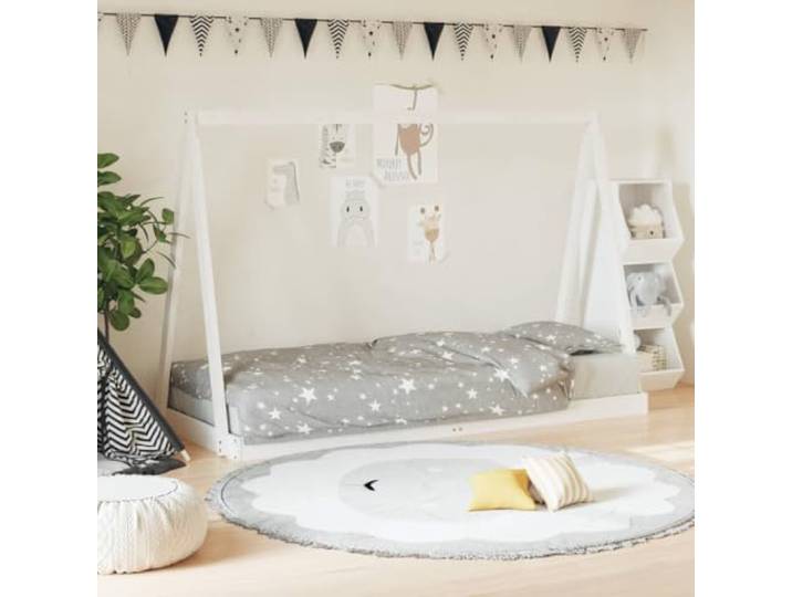 LPERTGFHU Kinderbett Massivholz Kiefer 80x200 cm, Weißes Tipi-Bett Rustikaler Look, Inklusive Lattenrost, Bodennahes Design für Kinder ab 4 Jahren