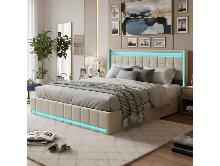 Lit Double 140x200 - 4 Tiroirs & LED - Port USB & Type-C - Lin Beige