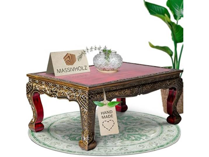livasia Opiumtisch aus Massivholz – 75x50x30cm – Handgeschnitzter Beistelltisch Holz aus Thailand, Nachhaltig, das besondere Wohnhighlight mit Gold Verzierungen