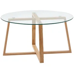 Couchtisch Eiche, Modern, Transparente Glasplatte, Überkreuztes Gestell. 78x78x41 cm | Kadima Design