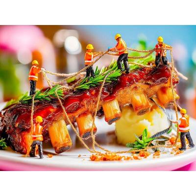 CALVENDO Puzzle Miniatur Bauarbeiter erklimmen marinierte Rippchen mit frischem Rosmarin | 2000 Teile Lege-Größe 90x67cm Foto-Puzzle für glückliche St