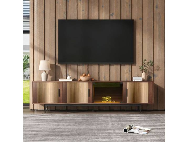 NuvlaGu - Meuble TV 200 cm - Meuble bas à 3 portes et espace de rangement ouvert - Grand espace de rangement - Couleur bois