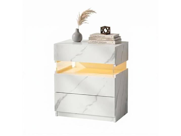 Table de chevet - FURNITURER - Marbre blanc grain - 3 tiroirs - Éclairage LED 3 tons - 48x38x61 cm