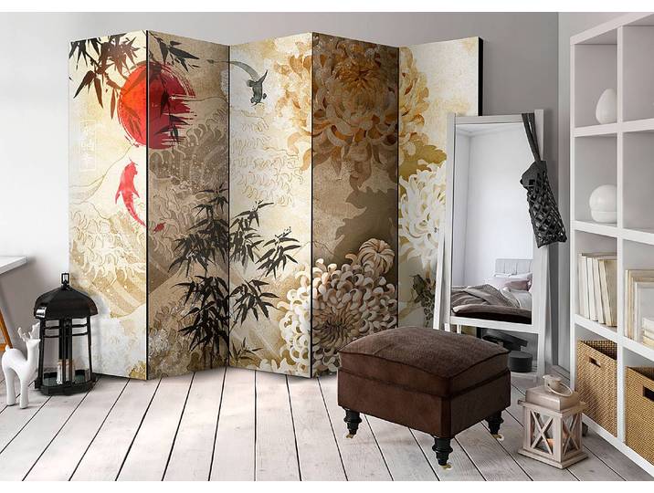 Paravent Fish Dance 1-seitig Vlies auf Massivholz Beige 225 x 172 x 3cm