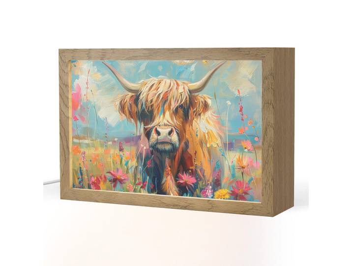 OnlyWow Tischleuchte - Schottische Hochländer - Natur - Farbenfroh - Blumen - 30x20 cm, Bordeaux, Holzwerkstoff, Rechteckig, LED integriert, 30x20x8 cm, Lampen & Leuchten, Innenbeleuchtung, Tischlampen