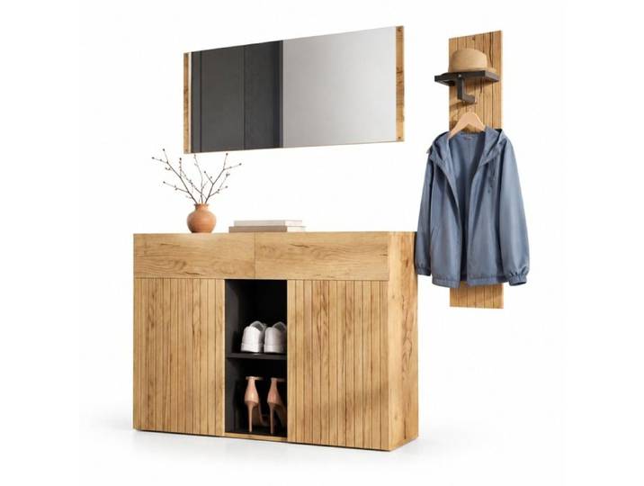 Ensemble vestiaire entrée 3 pièces meuble chaussures miroir porte-manteau 2 portes 2 tiroirs 125x35x178 cm JOINERY
