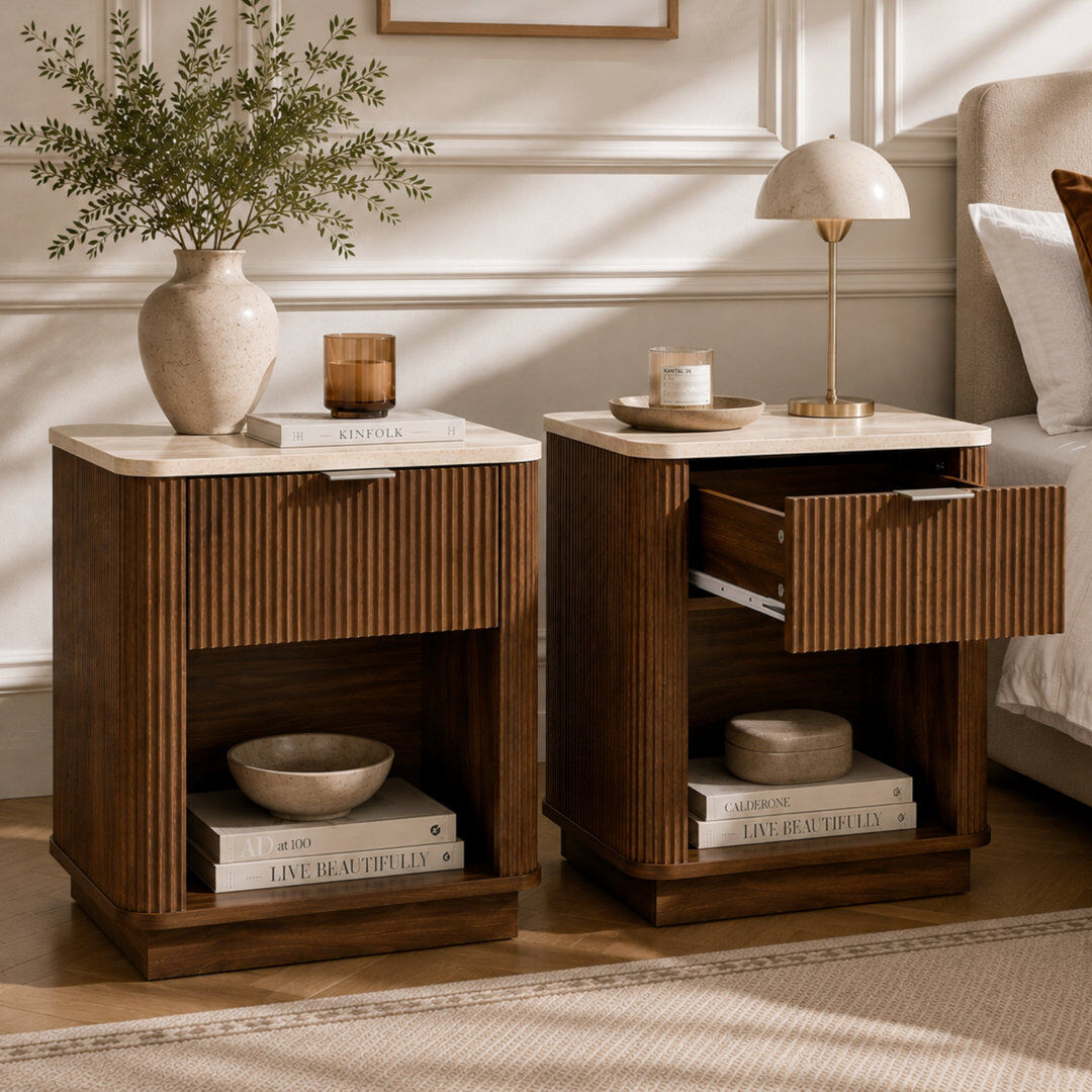 Abrihome Set of 2 Walnut/Natural Effect Fluted Bedside Tables with Travertine Top, Drawer & Shelf Nightstand for Bedroom Walnut 55.5cm H X 48cm W X 35cm D