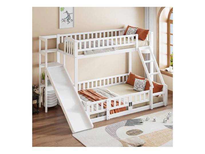 STILVORA Etagenbett 140×200 mit Rutsche und Regale,Kinderbett mit Geländer,ohne matratze (Kiefernholz Etagenbett,mit Rutsche & Regalen., Etagenbett), ohne Matratze