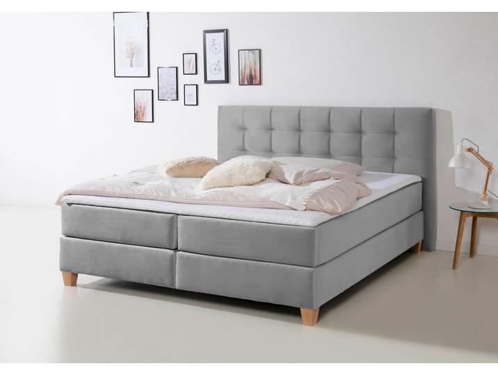 Boxspringbett, Samtstoff, Grau, 194×211 cm, Inkl. Topper, 7-Zonen-Tonnentaschenfederkern, Klassisch, Home-affaire