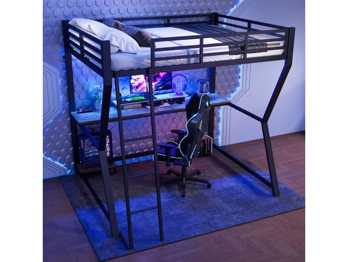 Lit Mezzanine Métal - MERAX - 140x200 - Bureau Gaming - LED Intégrée - Blanc