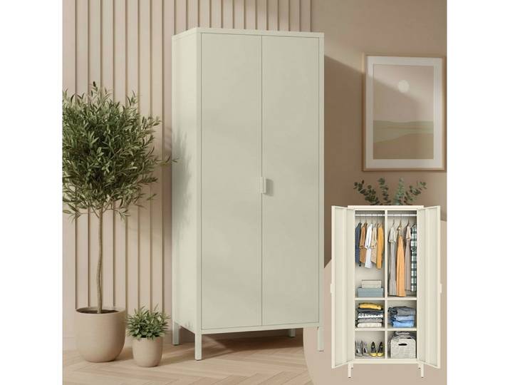 skølm Kleiderschrank Ituri aus Metall (Beige) Metallschrank mit 6 Fächern & 2 Kleiderstangen, 170x80x45 cm