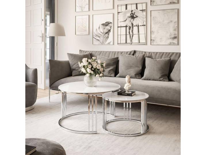 Runder Couchtisch 2in1 LORI GLASS silberner Chrom
