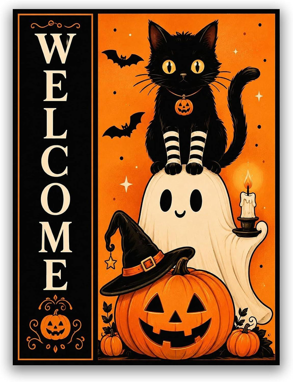 Diamond Painting Set Halloween Spookkat, 30 x 40 cm, Ronde Boortjes, Knutselset voor Creatievelingen