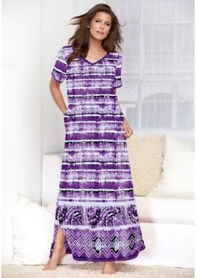 Plus Size Women's V-Neck Short Sleeve Maxi T-Shirt Lounger by Dreams & Co. in Wild Berry Tie Dye Stripe (Size M)