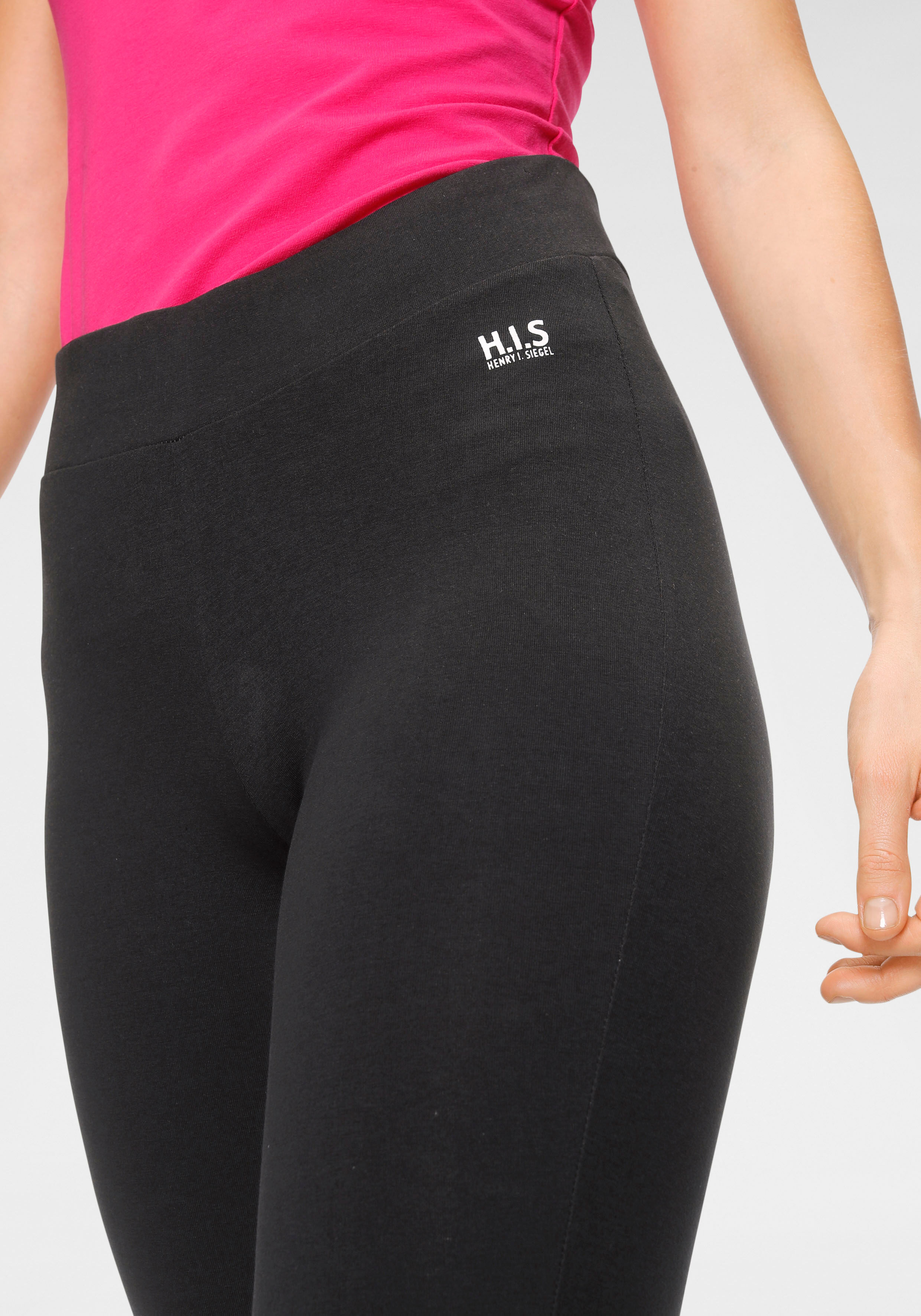 Leggings H.I.S, Damen, Gr. 19, K + L Gr, schwarz (schwarz k, l), Single Jersey, Obermaterial: 95% Baumwolle, 5% Elasthan, unifarben, schmal lang, Hosen Leggings, Bootcut‑Leggings im praktischen 2er‑Pack mit elastischem Bund schwarz k, l 19, K + L Gr