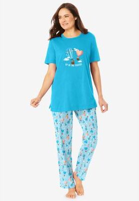 Plus Size Women's Graphic Tee Pure Cotton PJ Set by Dreams & Co. in Caribbean Blue Clouds (Size S) Pajamas