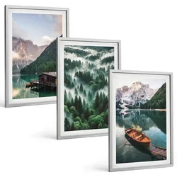 BILDER SET 3er Set - 40x60 cm Silberner Rahmen - Bergsee, Boot, Waldnebel