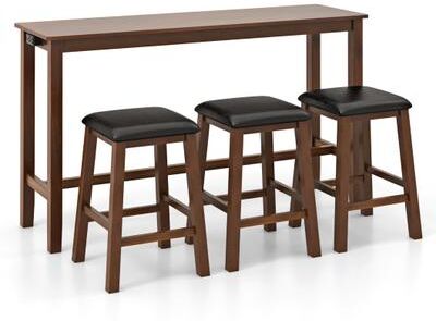 Costway 4-Piece Bar Table Set Counter-Height Table and 3 PVC Leather Upholstered Bar Stools-Brown