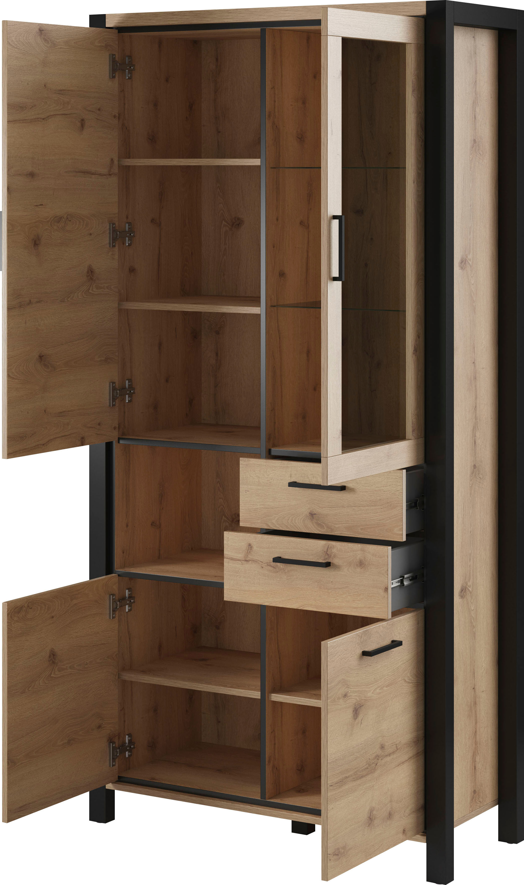 Vitrine HOME AFFAIRE "Aktiv", braun (taurus, schwarz mat), B:100cm H:200cm T:40,5cm, Dekorfolie, FSC-zertifizierter Holzwerkstoff, MDF, Schränke, Vitrine taurus, schwarz mat taurus, B/H/T: 100cm x 200cm x 40,5cm, Schubladen: 2 Stk. Türen: 4 Stk. taurus-sc
