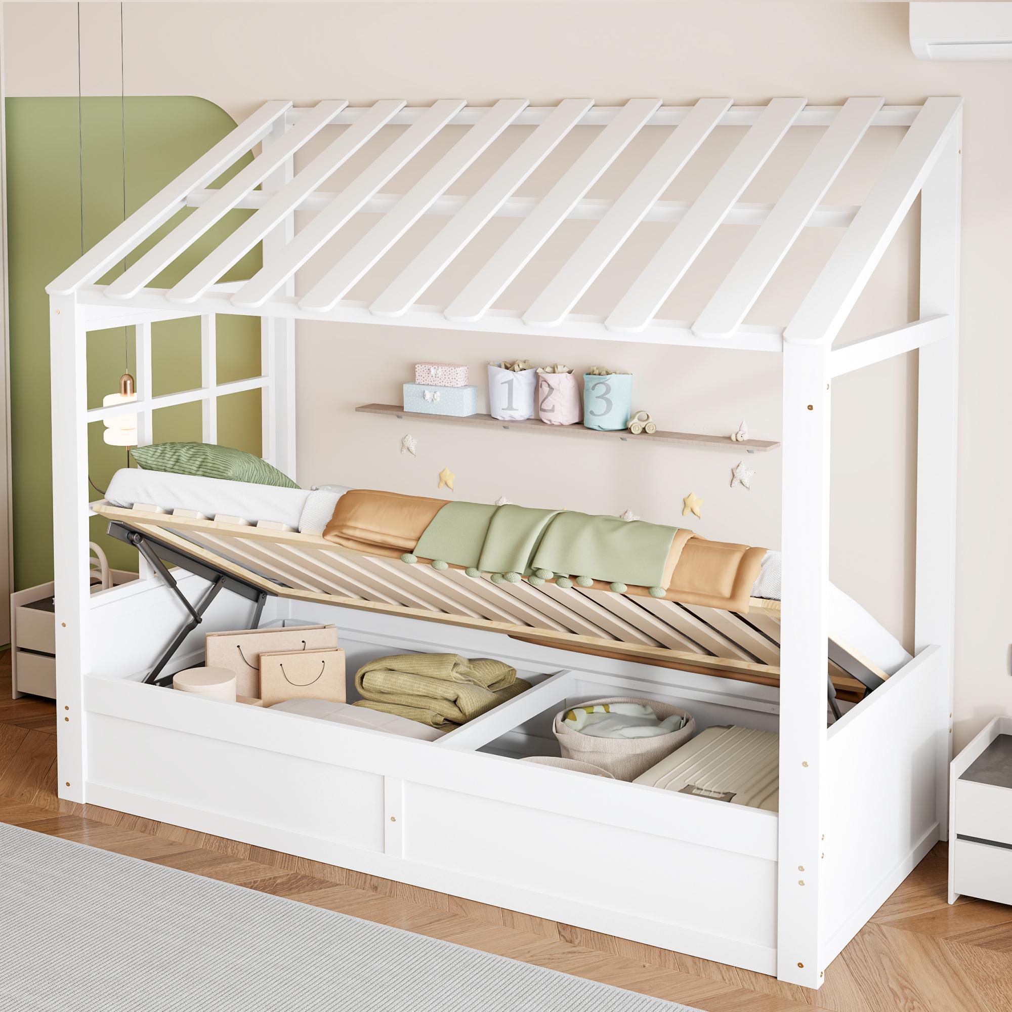 MODFU Kinderbett 90×200 mit Matratze,Hausbett mit hydraulischem Stauraum und Ablagefächern, Jugendbett Bettgestell mit Liegefläche, Weiß