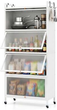 Costway 5-Tier Kitchen Storage Cabinet with 4 Flip-up PC Doors Adjustable Feet and Rolling Wheels-White