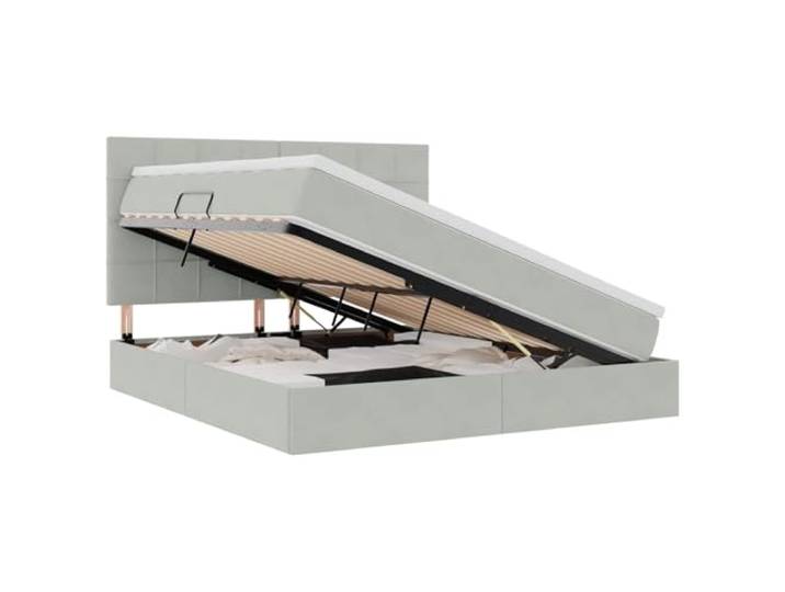KKgypkn Hellgraues Samtbett 180x200 cm mit LED-Beleuchtung und Matratze, Aufbewahrungsbett mit Stauraum und Kunstlederkopfteil, stabiles Metallgestell