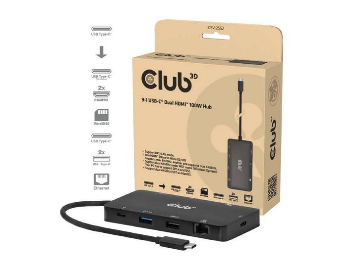 CLUB3D Laptop-Dockingstation 9-1 Dual HDMI™ USB-C® Hub PD3.0 100W