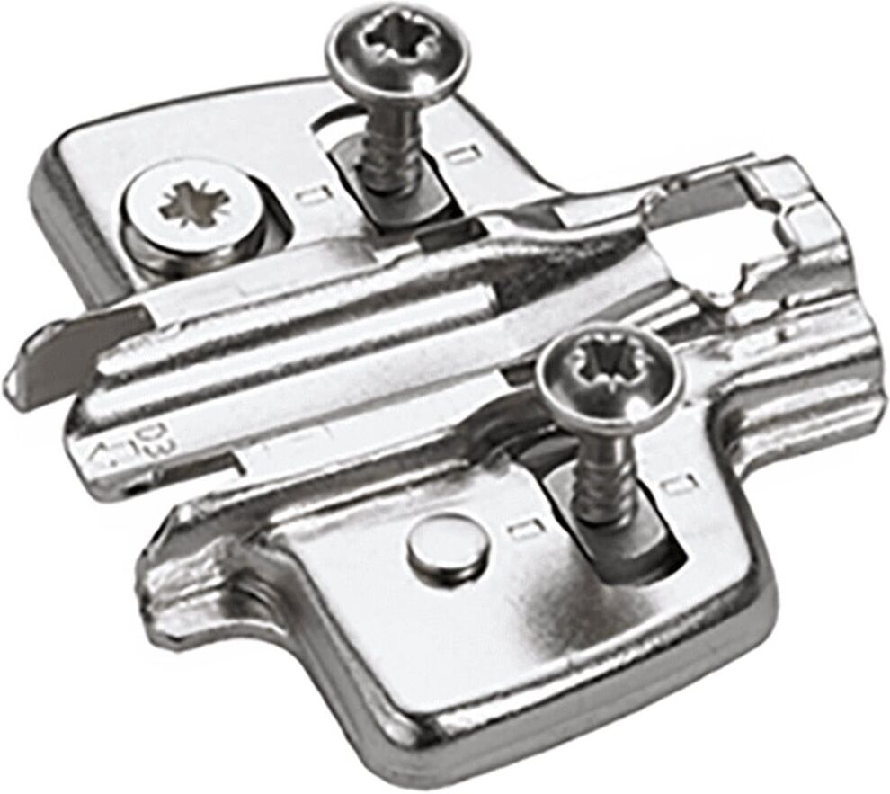 Hettich Kreuzmontageplatte mit Direkt-Höhenverstellung, vernickelt, Lochreihe 37 x 32 mm, mit Spanplattenschrauben (für Bohrung ø 2,5 mm), Distanz 0,0 (9075085)