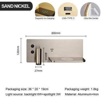 Uplift Picks Multifunction Bedside Wall Lamp With Wireless Charger right Sand Nickel 10 W warm Light