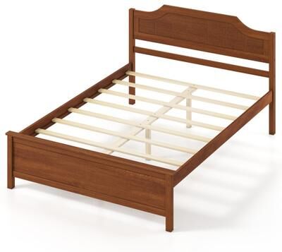 Costway Multiple Size Solid Wood Platform Bed Frame with Headboard in Walnut-Full Size