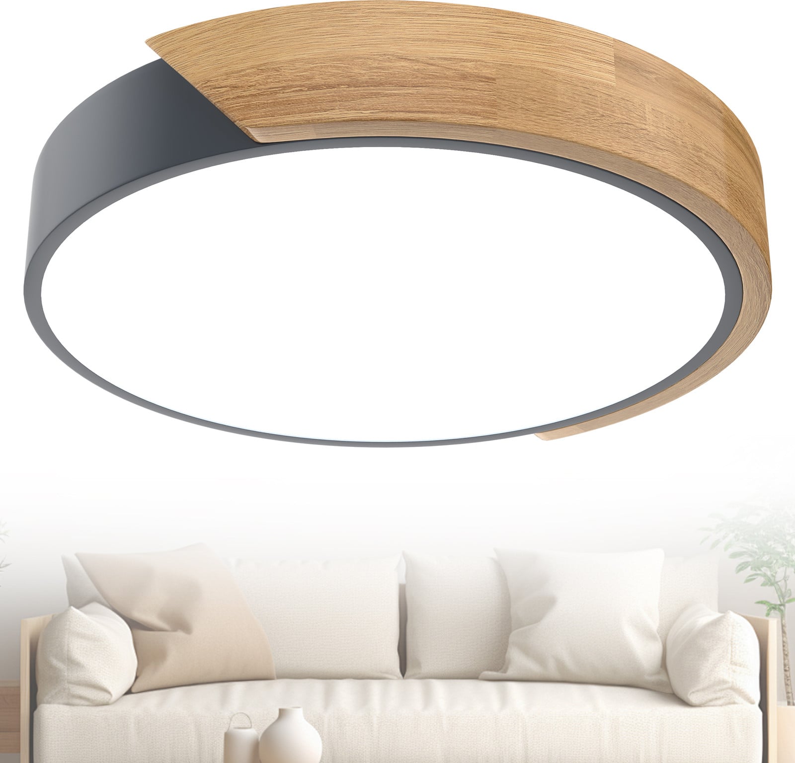 UISEBRT LED plafondlamp 48W, koelwit, met houten element en grijze buitenkant