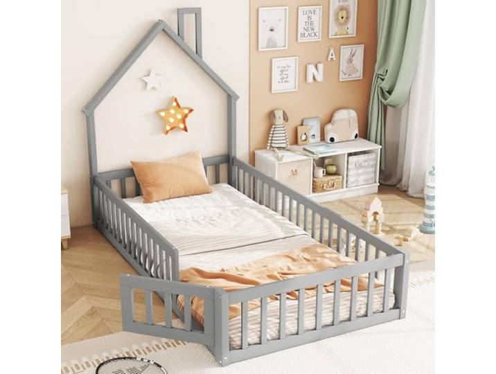 Bellemave Kinderbett Bodenbett 90×200 cm, Kiefernholz, Hausbett, Grau Kinderbett mit Schornstein-Form, Lattenrost, Montessori Bett mit umlaufendem Sicherheitsgitter und kleiner Tür, ohne Matratze