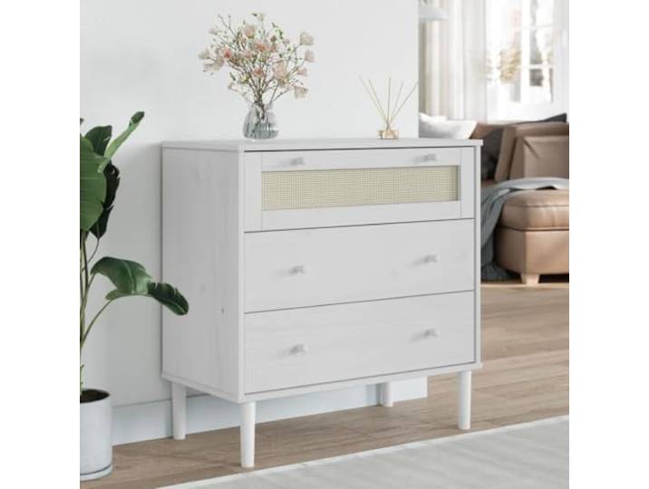 smnyxs SENJA Kommode in Rattanoptik, weiß, Kiefernholz, massiv, 3 Polyrattan, handgehalten, UV-Lack, robuste Oberseite, Wandbefestigung, Schlafzimmer, Eingangsbereich