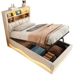 Bett 90x200 cm mit hydraulischem Stauraum und LED-Beleuchtung – elegante und funktionale Lösung für das zimmer Beige