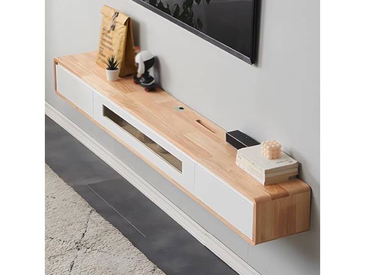 Ahtadums Massivholz TV Lowboard Hängend, TV Schrank hängend mit 2 Schubladen TV Board hängend, Mit Glastürfüllung, komplett montiert (Log+weiß, 180cm)