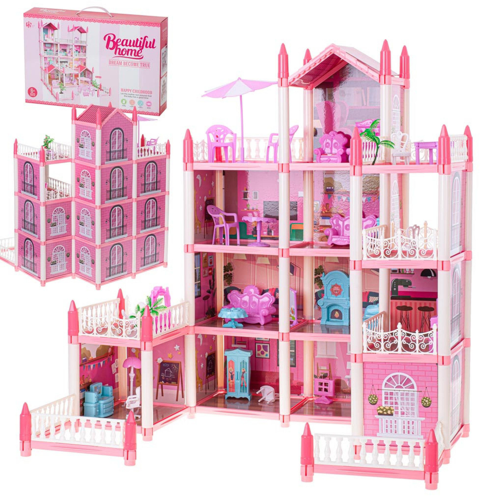 Ikonka Poppenhuis Villa Roze met 4 niveaus en meubilair