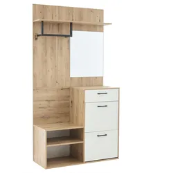 GARDEROBEN-SET 100 cm Weiß Hochglanz & Natur – Kompaktgarderobe mit Spiegel, Schuhbank & Klapptüren
