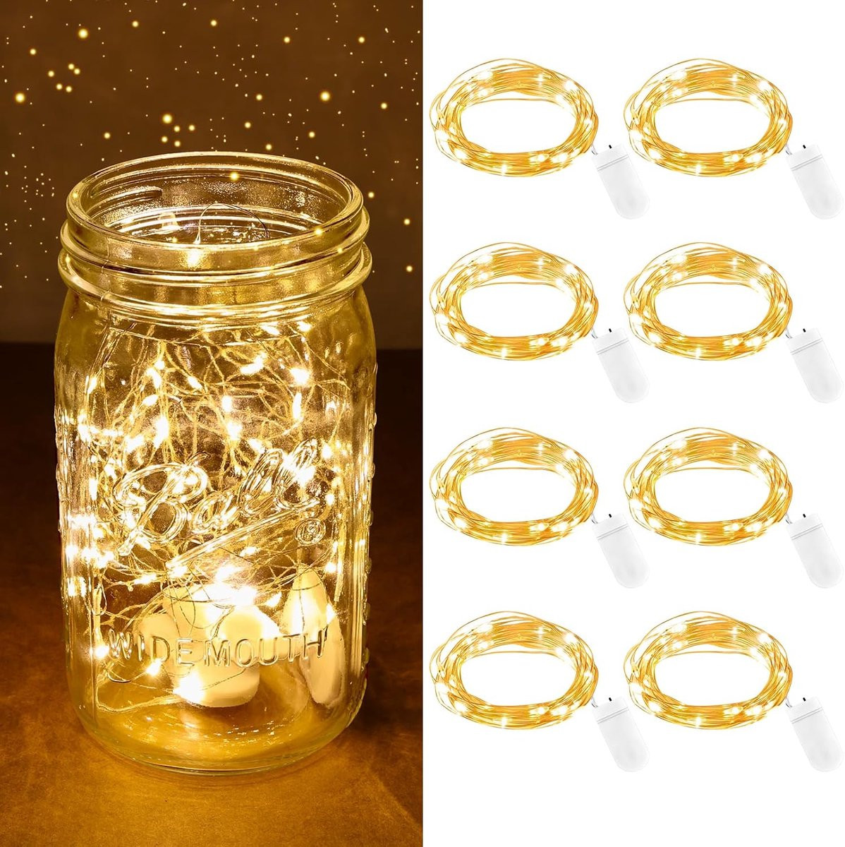 Set van 8 mini lichtkettingen op batterijen, 2m, 20 LED, Warm Wit