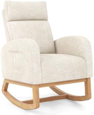 Costway Nursery Rocking Chair Upholstered Chenille Rocker Armchair with Natural Rubber Wood Frame-Beige
