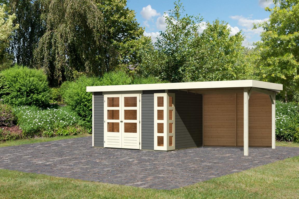 KARIBUHOLZT SH Kerko 5 terra 302x242x211cm mit Anbaudach 2,80m + Rückwand 16905557