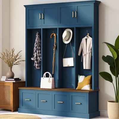 ZWYO HOSIMU Farmhouse Hall Tree with Coat Hooks, Enclosed Cabinets and Spacious Storage Drawers for Living Room, Entryway