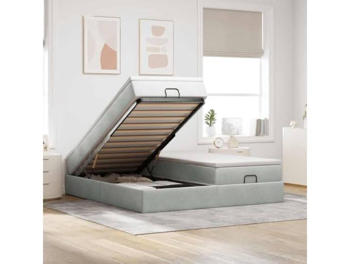 RJPLMFV Bettgestell, Ottoman, Velours, Grau, 180 x 200 cm Mit Taschenfederkernmatratze, hydraulischer Aufbewahrung, abnehmbarer Matratzenauflage