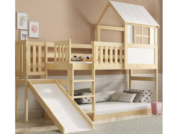 Interbeds Hochbett 90x200 cm mit Rutsche und Treppen Etagenbett Stockbett Holzbett Kinderbett mit Lattenrost Spielbett für Kinder Jugendbett aus Massivholz mit Sicherheitsgeländer (Mit Rutsche)