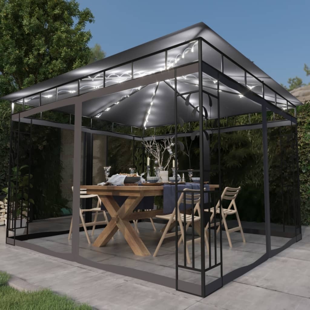 The Living Store Pavillon mit Moskitonetz & LED-Lichterkette 3x3x2,73m Anthrazit
