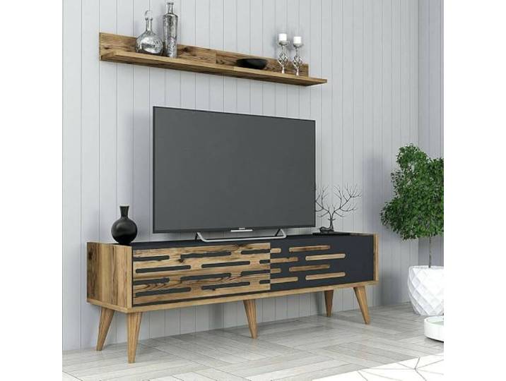 Dmora - Fernsehschrank Achernar, Ständer für Wohnzimmerfernseher, Niedriges Wohnzimmer-Sideboard, TV-Ständerbasis, 140x45h35 cm, Walnuss und Anthrazit